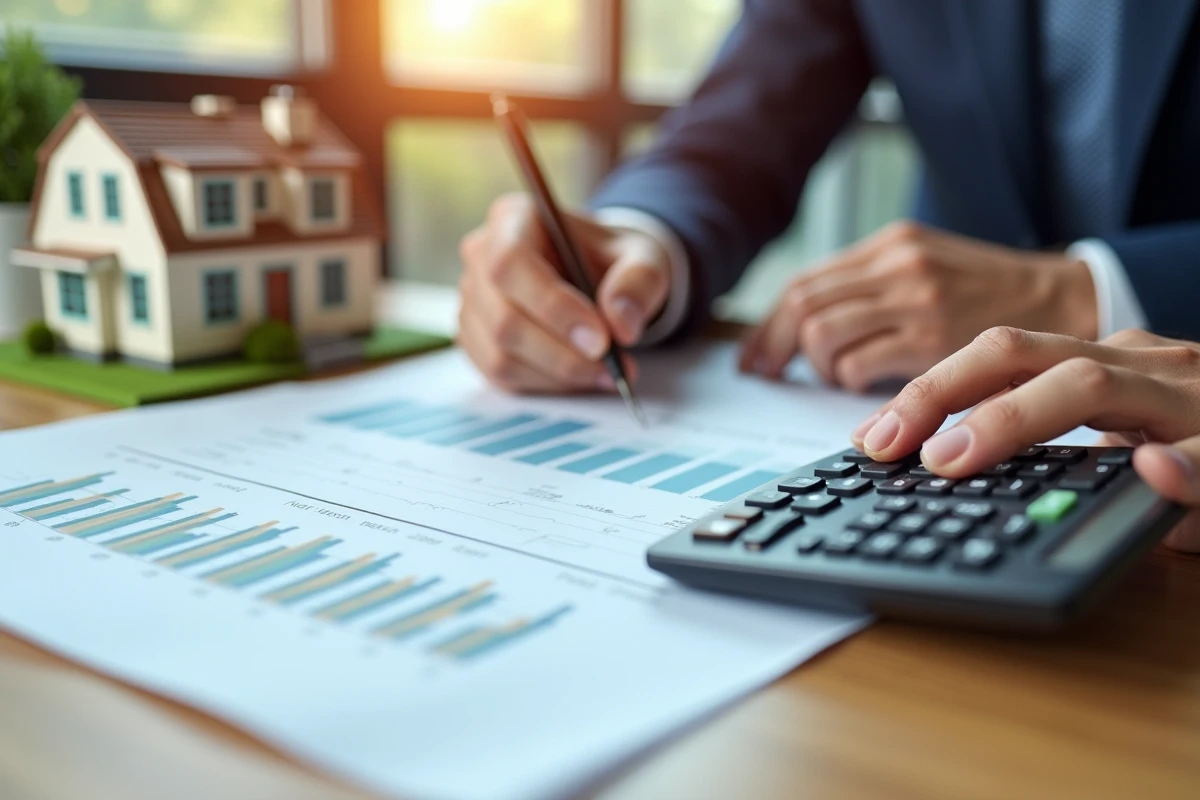 Gros plan sur des documents d'investissement immobilier avec calculatrice et maquette de bâtiment pour analyser les SCPI