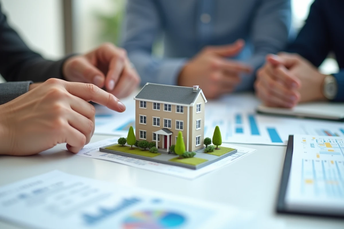 Mains pointant un modèle de bâtiment résidentiel avec documents de placement et contrats d'investissement SCPI