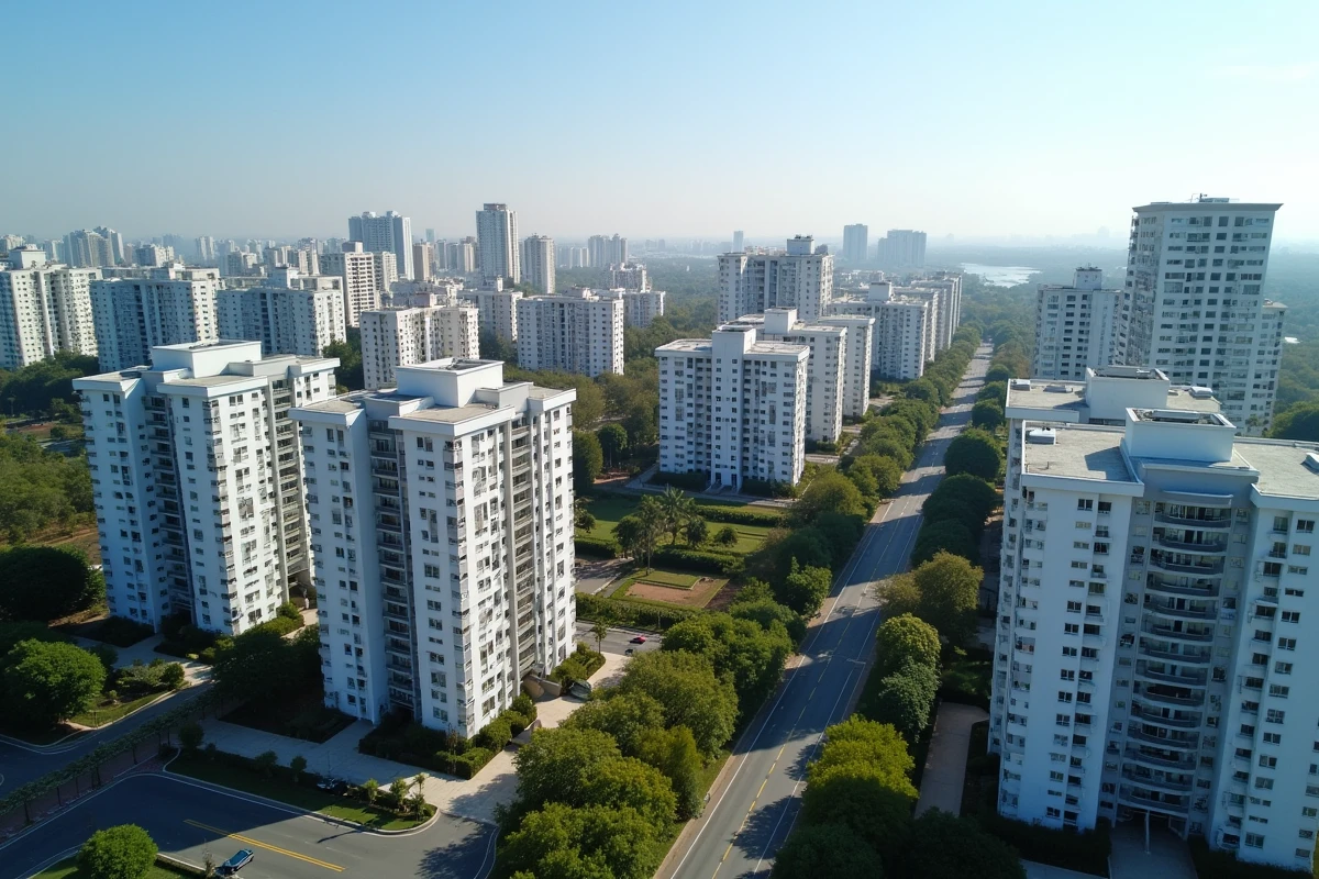 Vue aérienne d'un portefeuille immobilier diversifié avec immeubles d'habitation et propriétés commerciales en milieu urbain