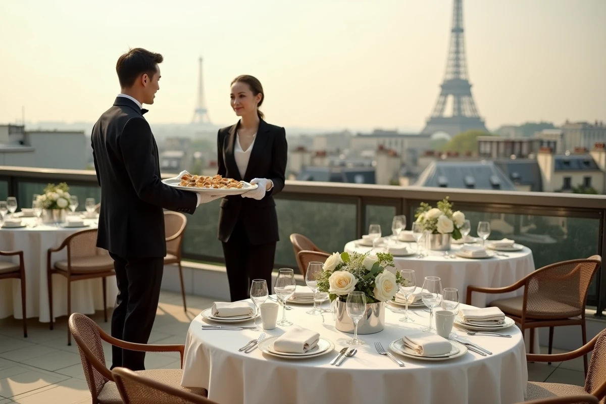 Service traiteur haut de gamme sur un rooftop parisien avec vue sur les toits et la Tour Eiffel lors d'une réception élégante