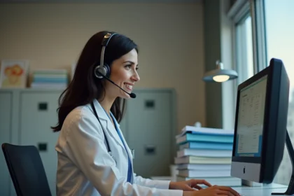 Réceptionniste médicale prenant un appel téléphonique en dehors des heures d'ouverture du cabinet, assise à son bureau avec ordinateur et documents patients