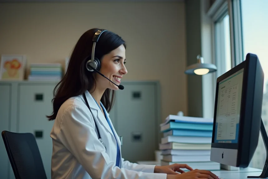 Réceptionniste médicale prenant un appel téléphonique en dehors des heures d'ouverture du cabinet, assise à son bureau avec ordinateur et documents patients