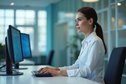 Réceptionniste médicale professionnelle répondant aux appels en dehors des horaires de consultation au bureau d'accueil d'une clinique moderne