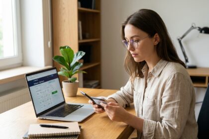 Femme jeune cherchant des tarifs de vols pas chers en ligne sur son ordinateur portable dans son bureau à domicile avec carte bancaire