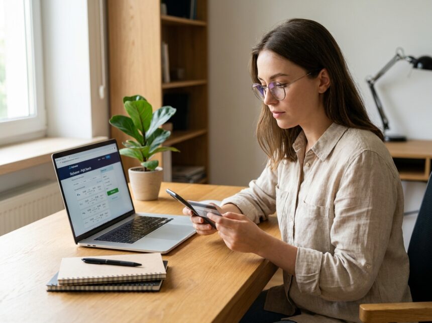 Femme jeune cherchant des tarifs de vols pas chers en ligne sur son ordinateur portable dans son bureau à domicile avec carte bancaire