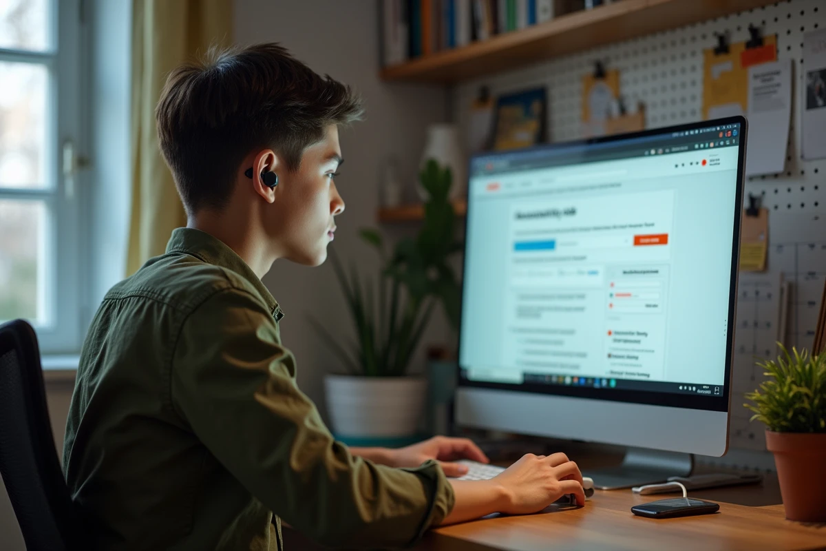 Jeune personne malentendante recherchant des offres d'emploi adaptées sur un portail inclusif depuis son bureau à domicile