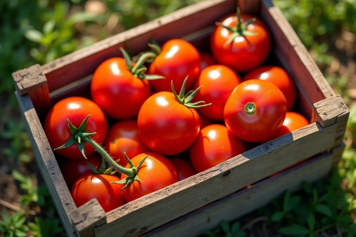 Récolte de tomates fraîches dans une caisse en bois dans un jardin d'été