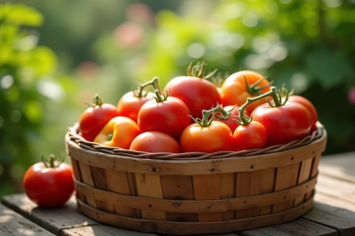 Tomates fraîchement récoltées dans panier en bois de jardin