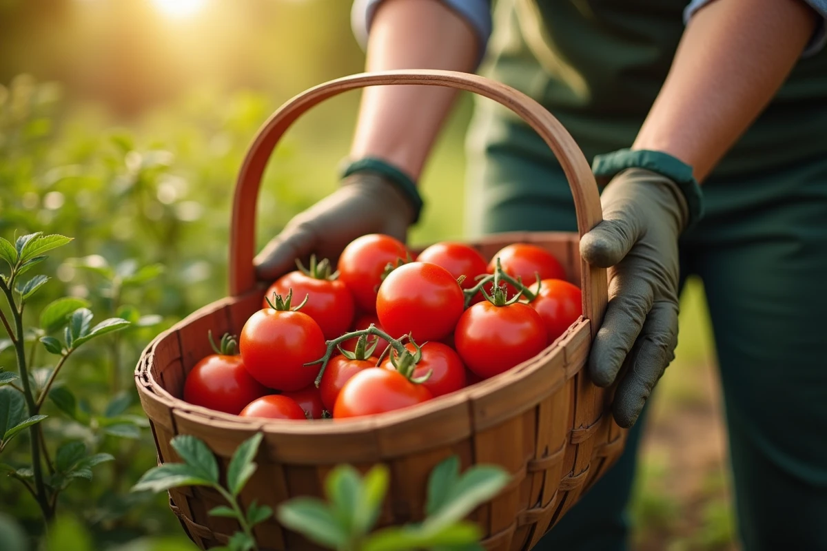 Récolte de tomates fraîches dans un panier en bois en été