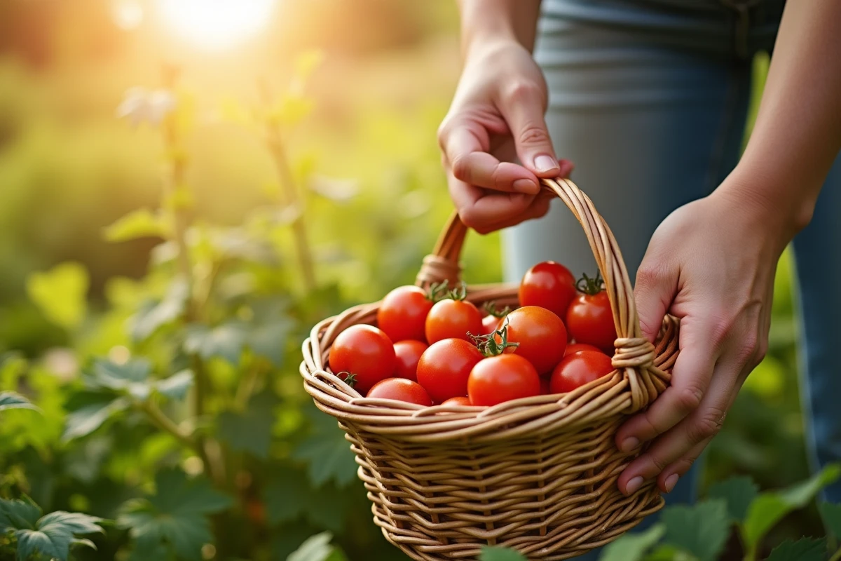 Femme cueillant des tomates fraîches dans un panier en osier au jardin