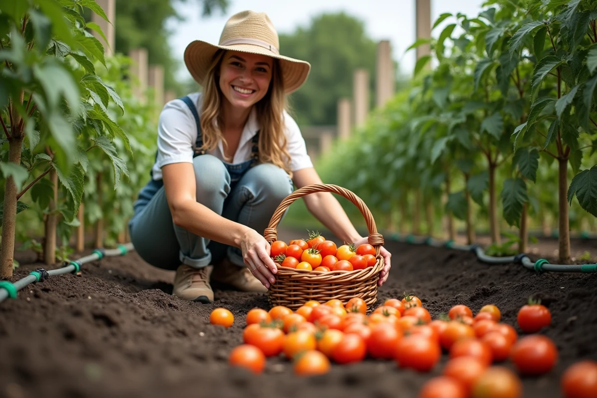 Jeune femme récoltant des tomates mûres biologiques dans un panier en osier dans un potager surélevé