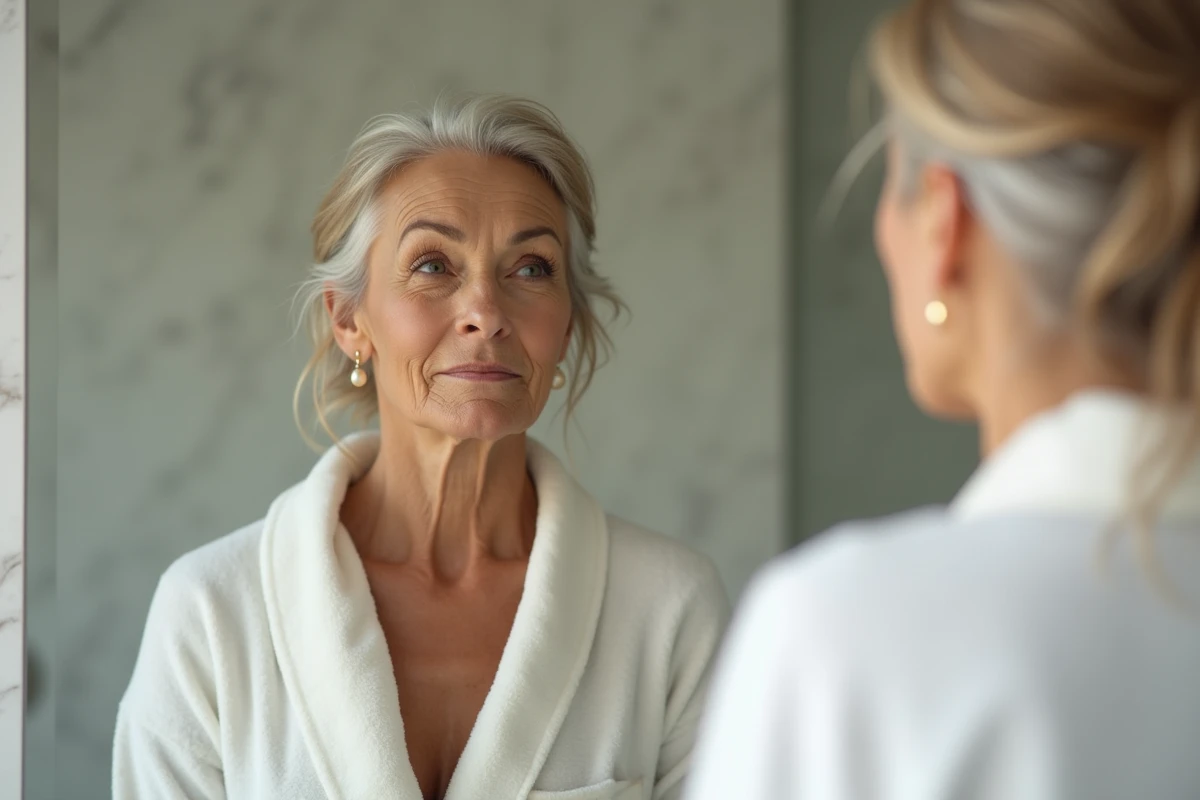 Femme observant son reflet dans le miroir, rides naturelles, salle de bain moderne