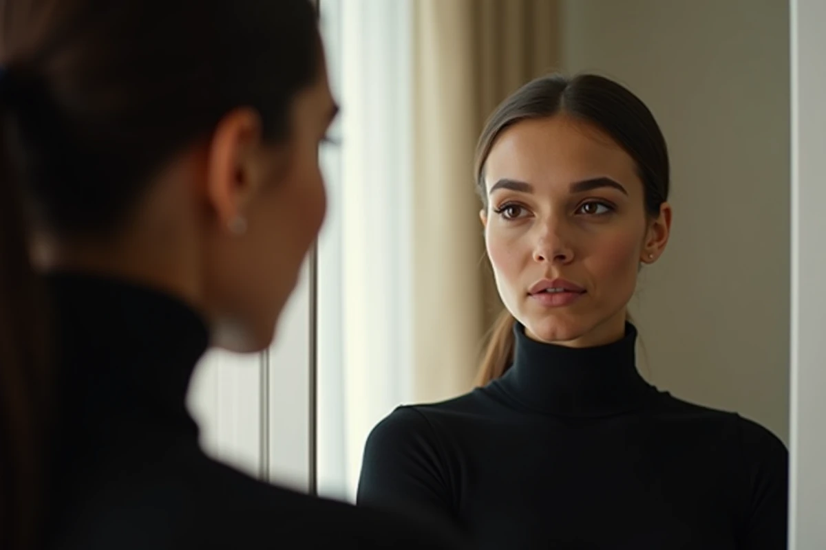 Femme observant son profil au miroir, illustrant l'harmonie et l'importance du menton dans la structure faciale