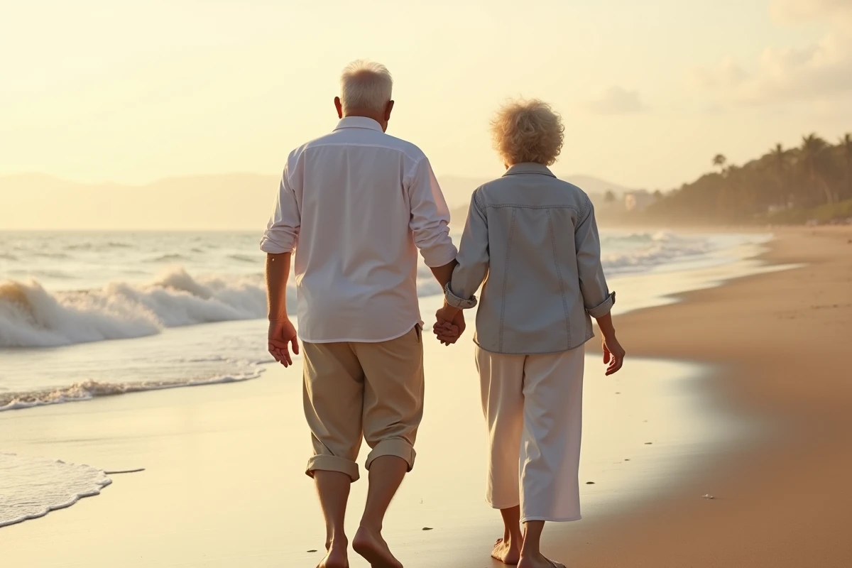 Couple senior marchant main dans la main sur une plage pour maintenir des relations sociales