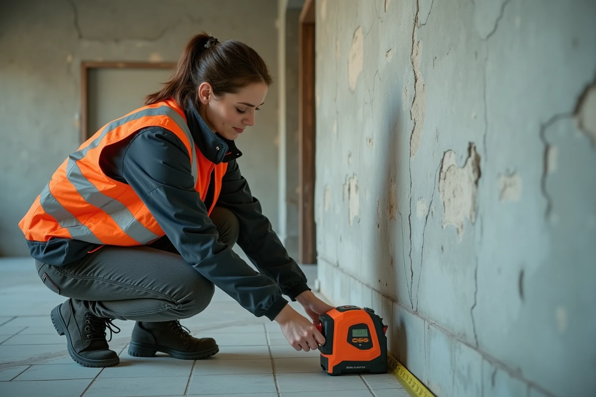 Femme géomètre prenant des mesures précises au ruban laser lors d'une première visite sur chantier