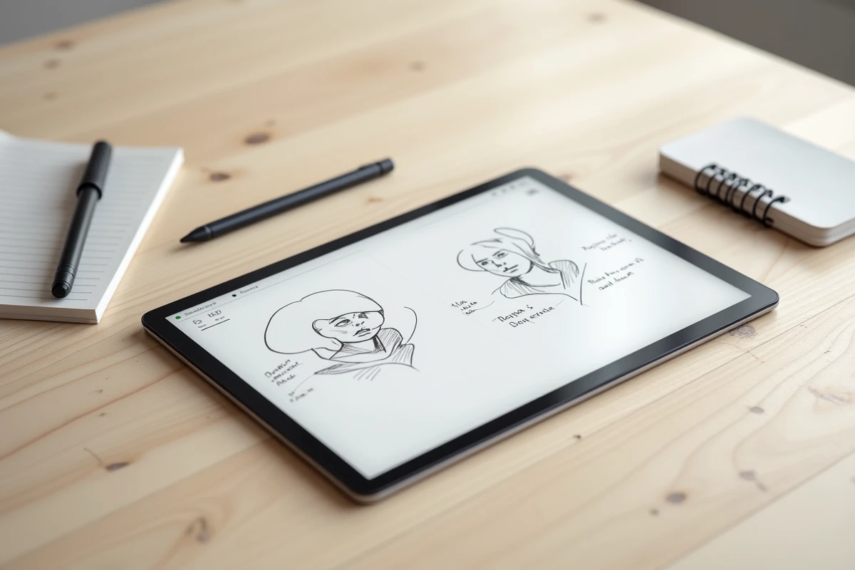 Une tablette reMarkable 2 ouverte avec des notes manuscrites numériques sur un bureau minimaliste en bois clair