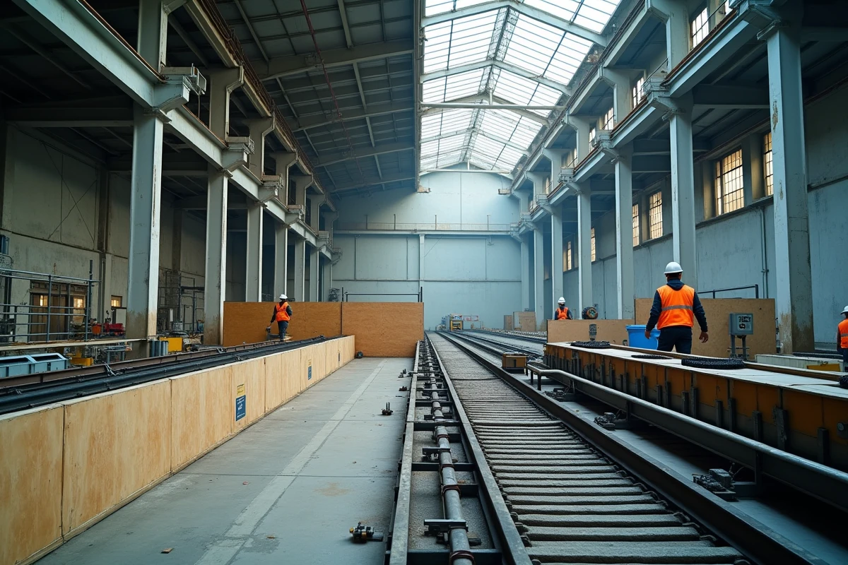 Vue large d'une usine industrielle en rénovation partielle avec séparation entre zone de travaux et zone de production active