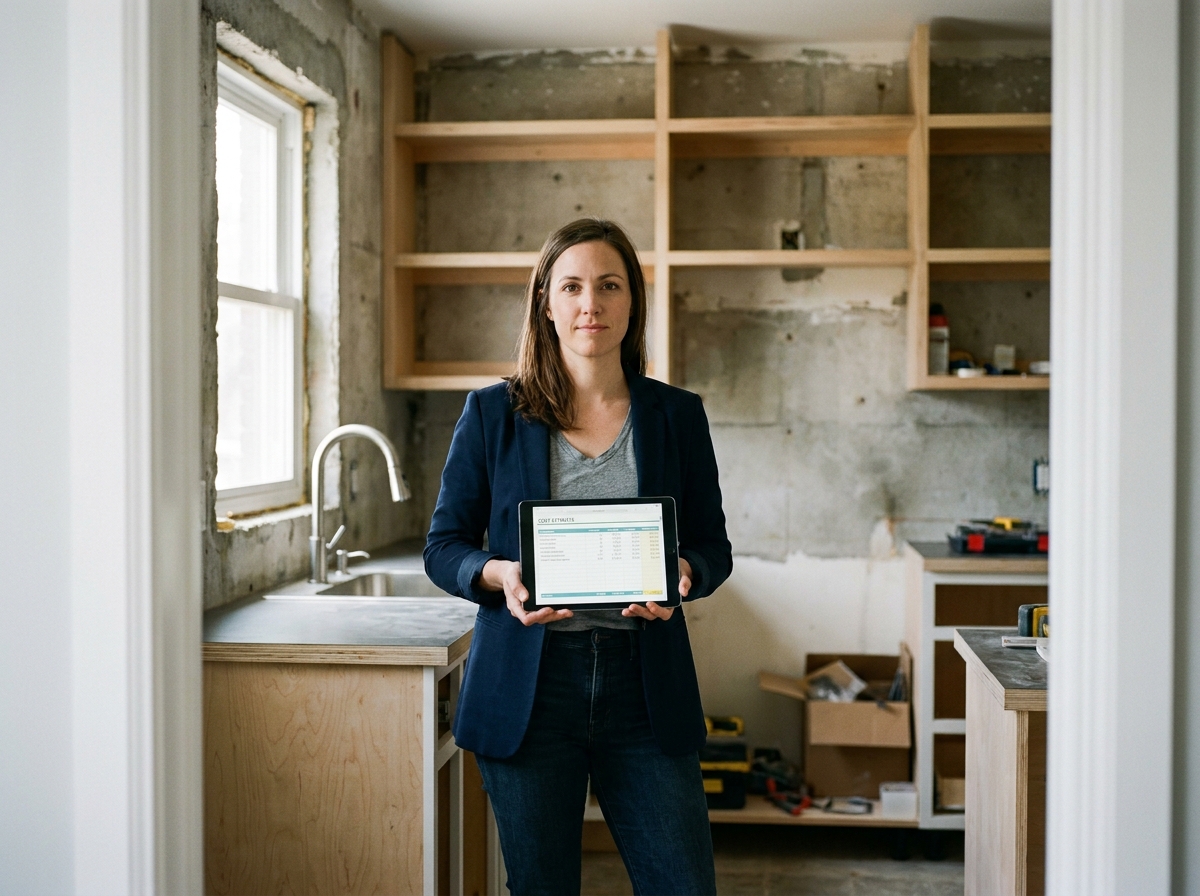 Femme dans une cuisine moderne en rénovation budget affichant un devis numérique pour construction économique