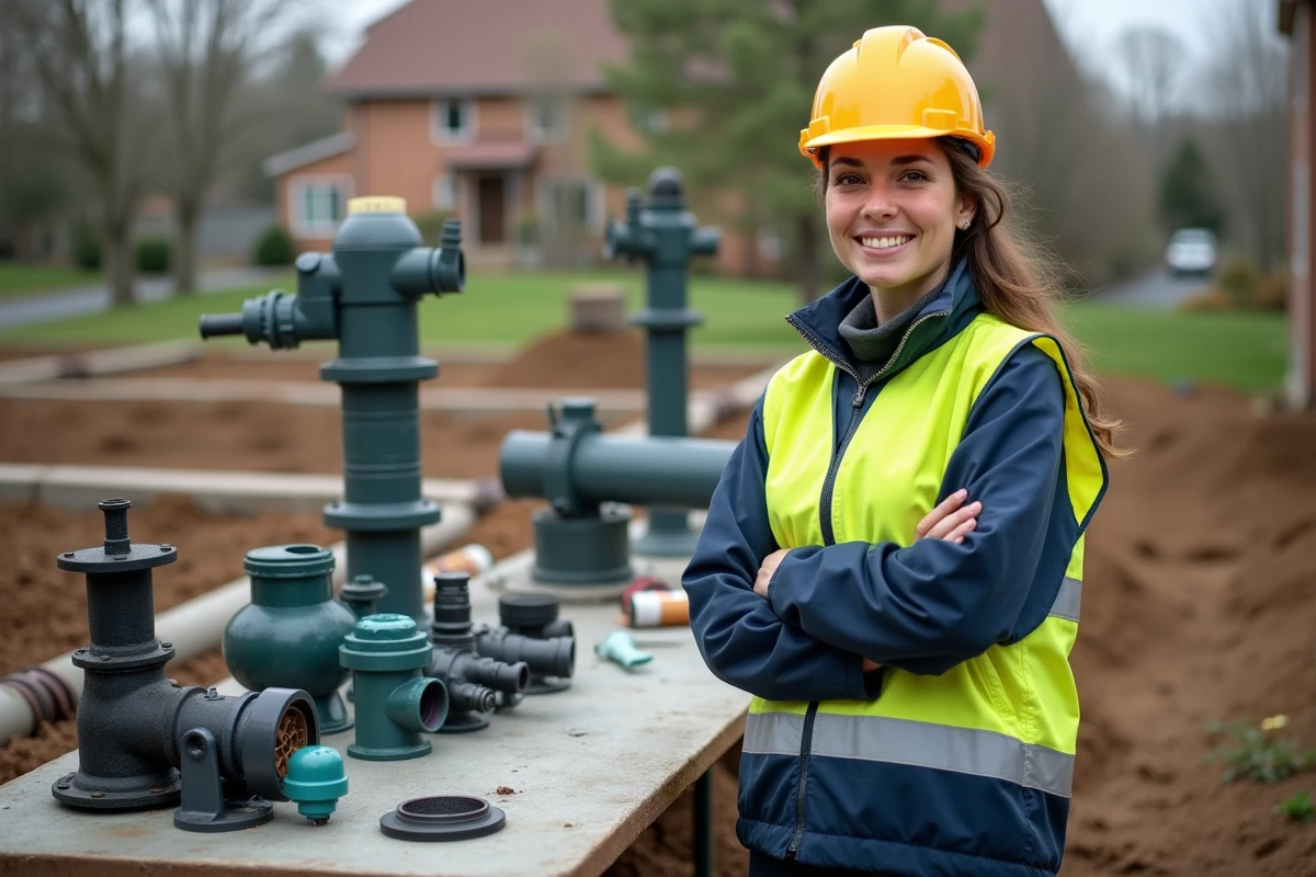 Responsable de chantier présentant les accessoires essentiels pour la rénovation d'une fosse septique résidentielle
