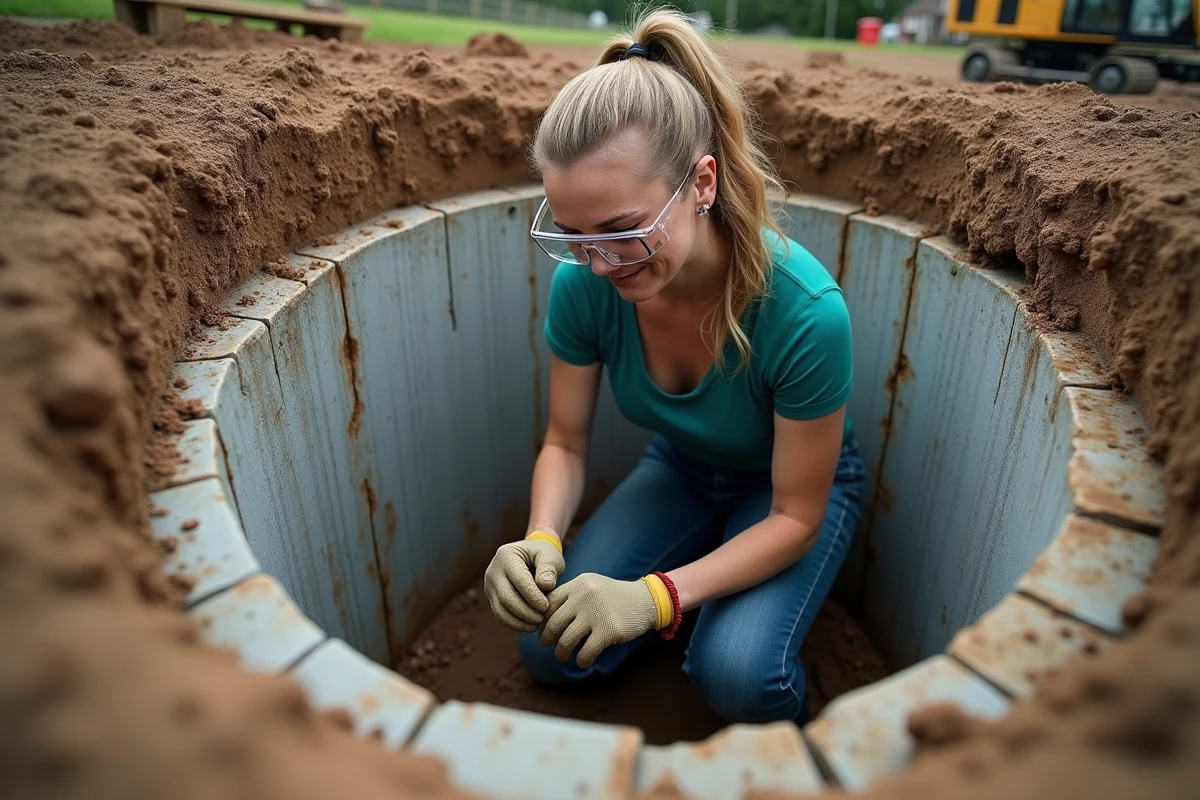 Technicienne inspecte l'intérieur d'une ancienne fosse septique en béton pour évaluer son état et planifier sa rénovation