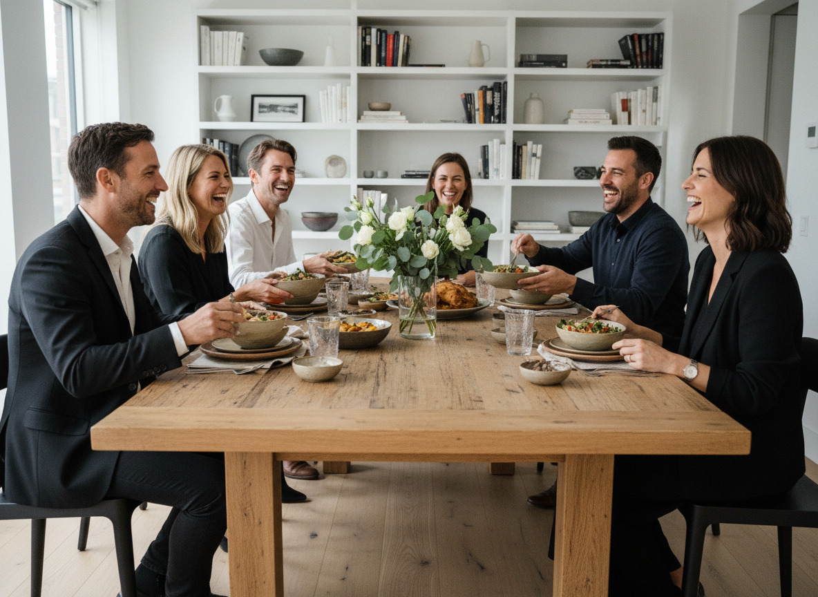 Groupe d'adultes souriants autour d'une table en bois moderne