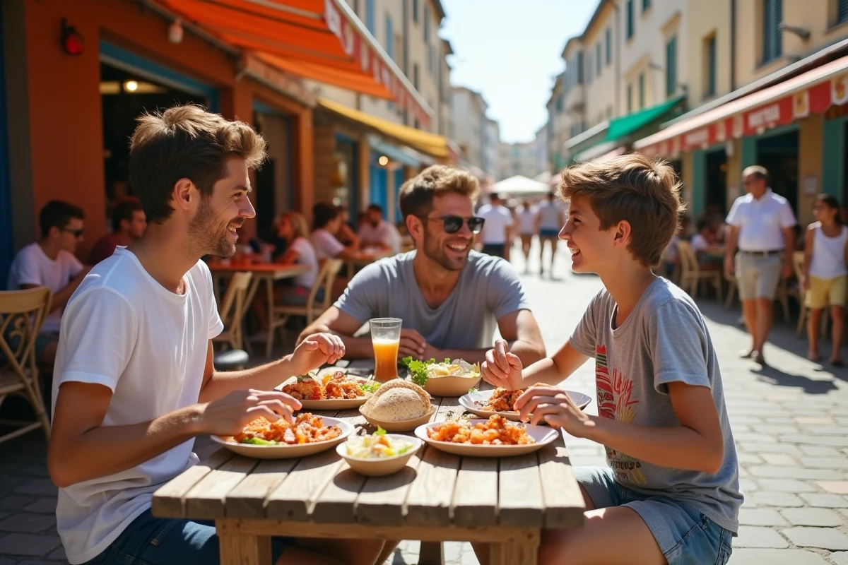 Famille mangeant au marché local d'Argelès-sur-Mer pour des vacances pas chères en bord de mer