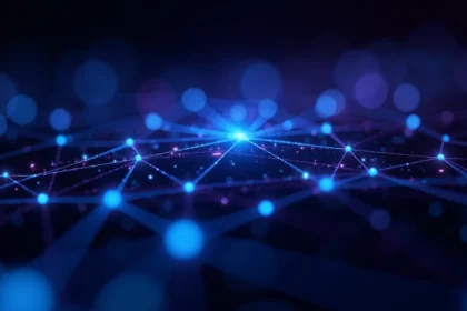 Réseau de noeuds blockchain interconnectés avec des connexions numériques brillantes sur fond sombre