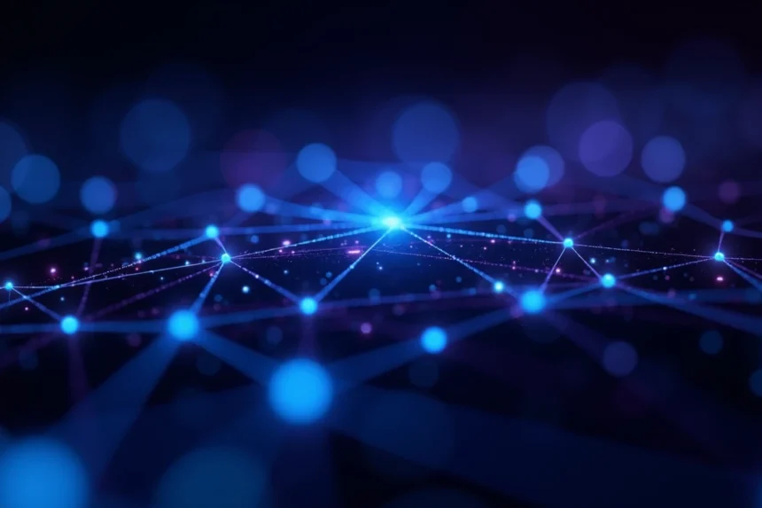 Réseau de noeuds blockchain interconnectés avec des connexions numériques brillantes sur fond sombre