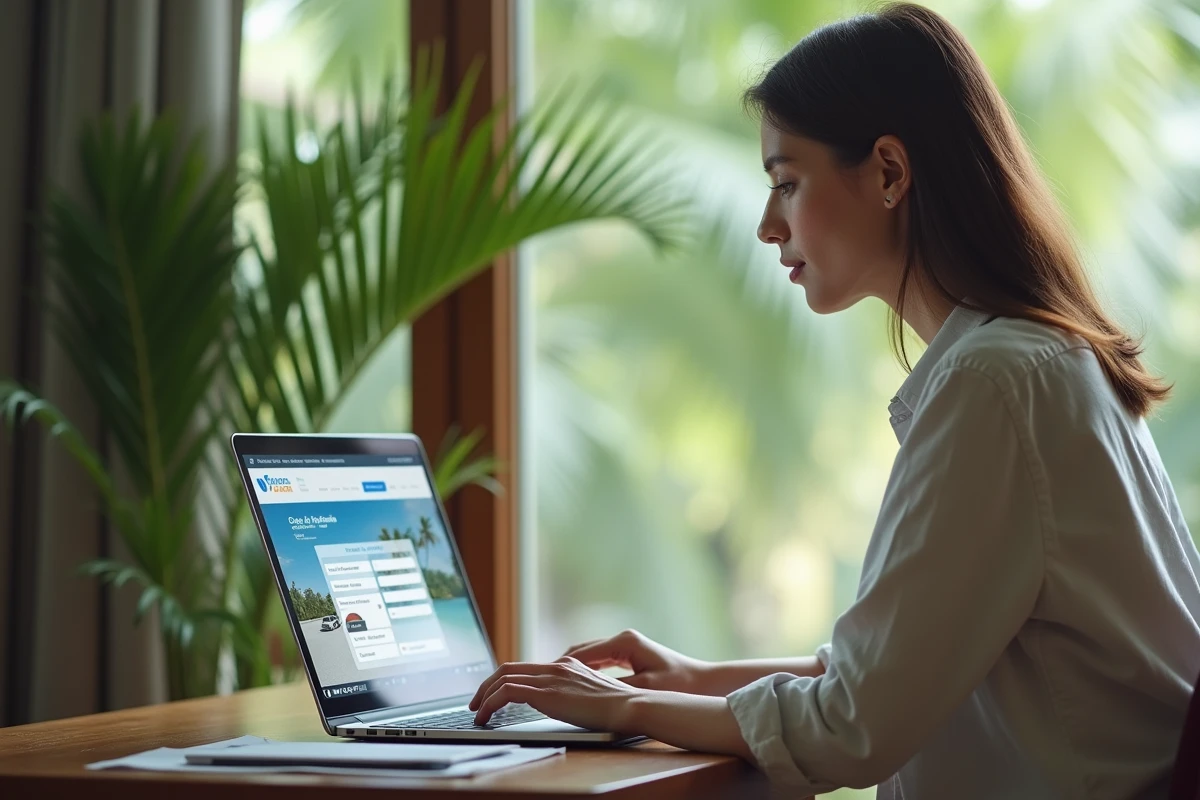Femme réservant une location de voiture en ligne sur un site de comparaison pour obtenir les meilleurs tarifs à La Réunion