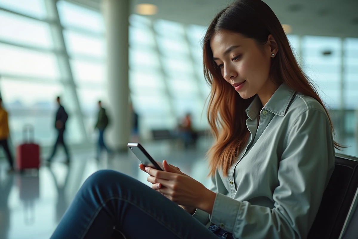 Femme recherchant des vols moins chers sur son téléphone mobile à l'aéroport