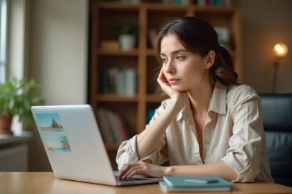 Femme réservant un voyage en ligne sur un ordinateur portable dans un bureau à domicile en 2026