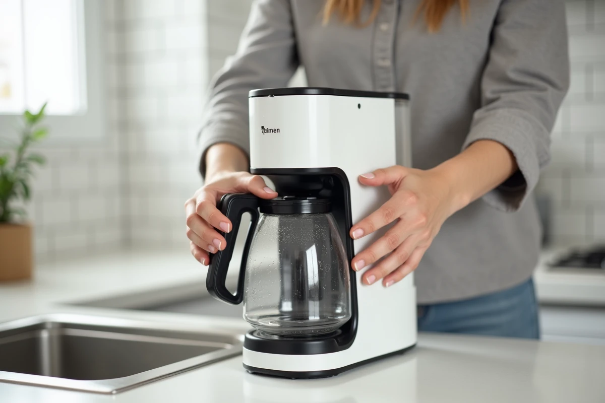 Mains retirant le réservoir d'eau amovible d'une cafetière moderne avec l'étiquette de certification CE visible sur l'appareil