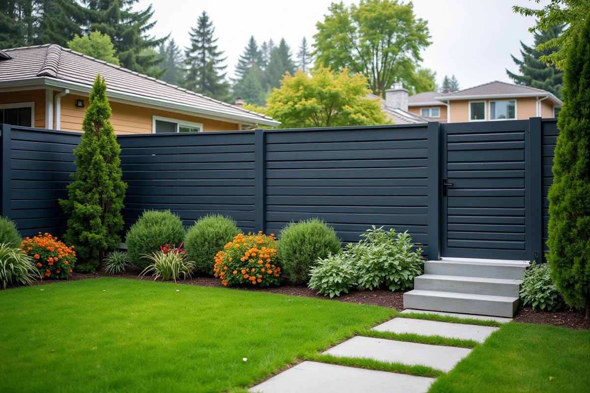 Jardin résidentiel avec clôture en aluminium élégante, design épuré et moderne
