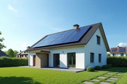 Panneaux solaires installés sur le toit d'une maison résidentielle moderne avec ciel bleu dégagé