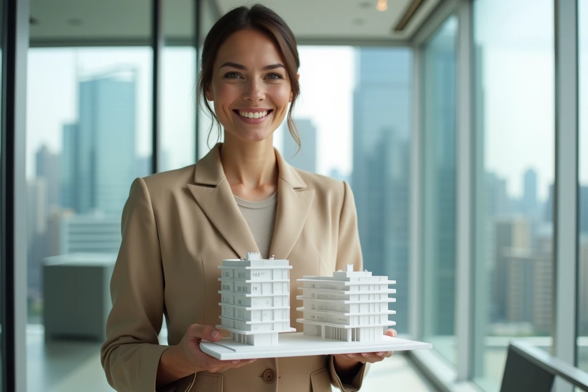 Agente immobilière présentant une maquette de résidence de luxe, illustrant la résilience du marché immobilier haut de gamme