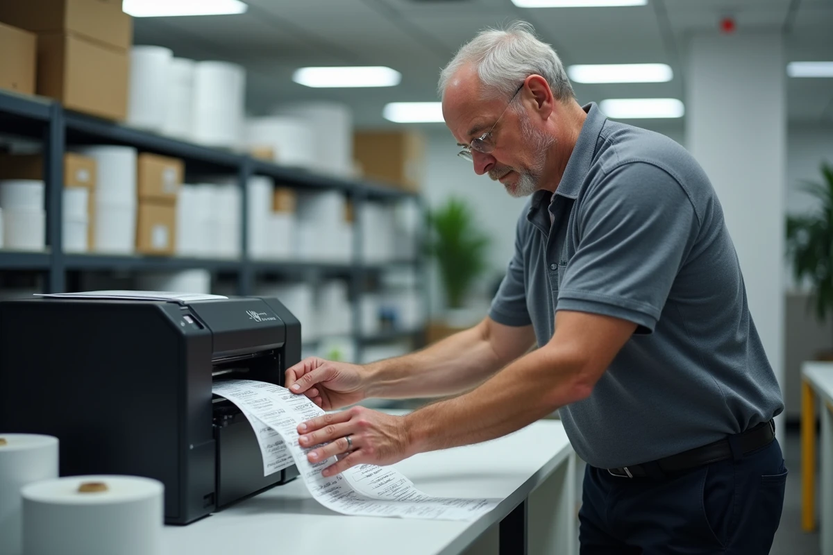Technicien IT dégageant un bourrage papier d'étiquettes dans une imprimante professionnelle de bureau