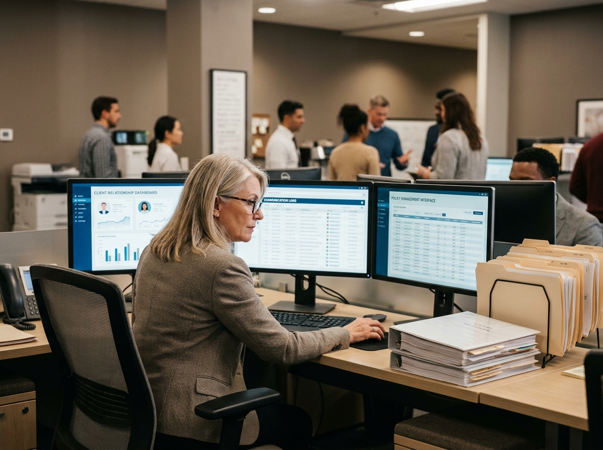 Responsable cabinet assurance utilisant un CRM pour gérer efficacement les relations clients au quotidien