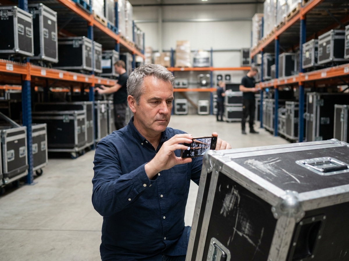 Gestionnaire d'événements documentant l'état d'usure d'un flight case d'occasion avant achat en magasin de location professionnelle