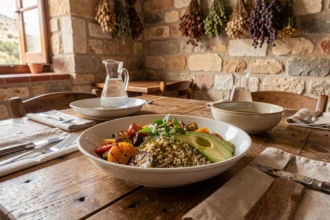 Bol healthy coloré servi dans un restaurant méditerranéen en Haute-Corse avec légumes rôtis, quinoa et avocat sur une table en bois rustique