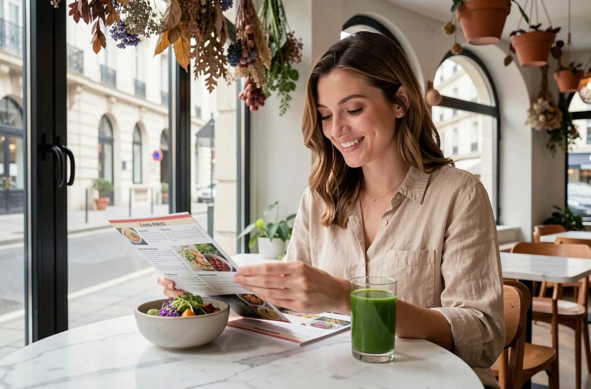 Femme consultant le menu d'un restaurant healthy à Paris avec un Buddha bowl coloré et un jus vert sur table en marbre blanc