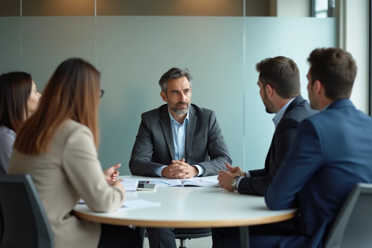 Réunion d'équipe multiculturelle dans une grande entreprise française, illustrant la collaboration et le travail porteur de sens au bureau
