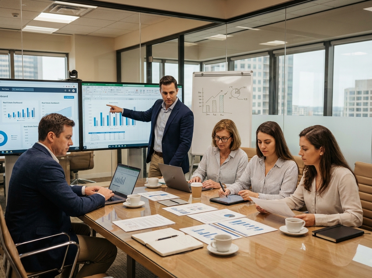 réunion d'équipe immobilière analysant rapports financiers et performances de portefeuille d'actifs