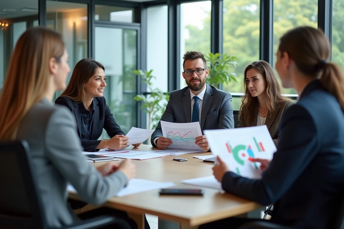 Groupe d'investisseurs en réunion discutant d'une stratégie d'investissement en SCPI immobilière