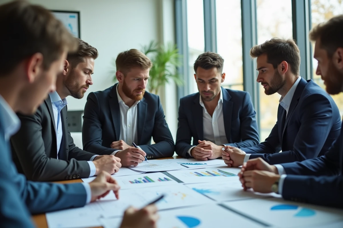 Groupe d'investisseurs en réunion examinant ensemble des opportunités de placement immobilier collectif