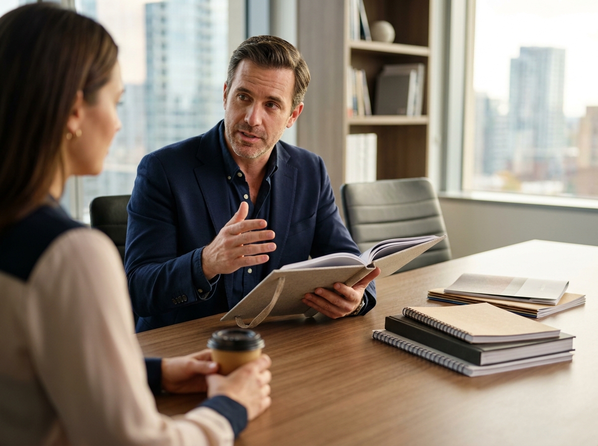 Homme d'affaires montrant catalogue relié à collègue en réunion, exemples de différentes techniques de reliure professionnelle en arrière-plan