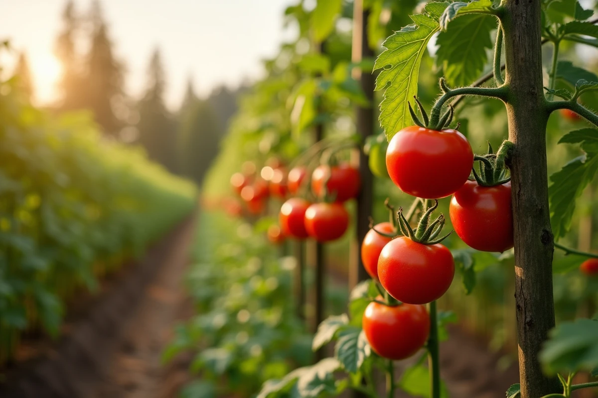 Plants de tomates mûres avec fruits rouges bien développés dans un potager bien entretenu