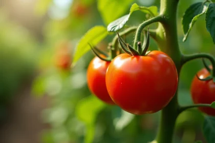Tomates rouges mûres sur plant vert dans un jardin ensoleillé avec feuillage sain