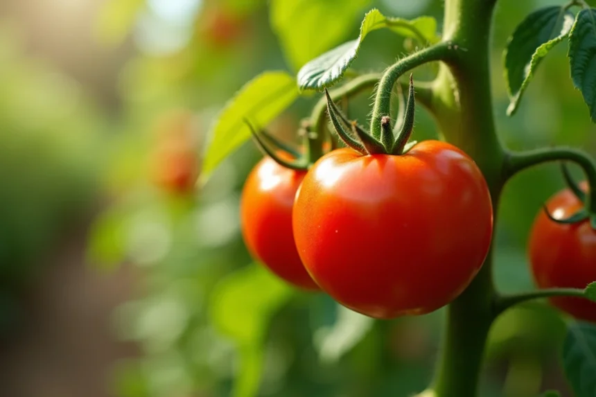 Tomates rouges mûres sur plant vert dans un jardin ensoleillé avec feuillage sain