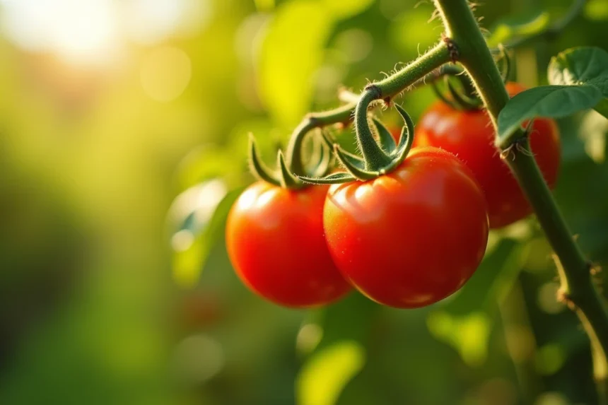 Tomates rouges mûres fraîches cultivées dans un potager au soleil