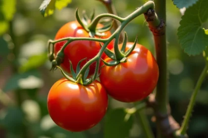Tomates rouges mûres sur plant en plein soleil - culture tomates jardin